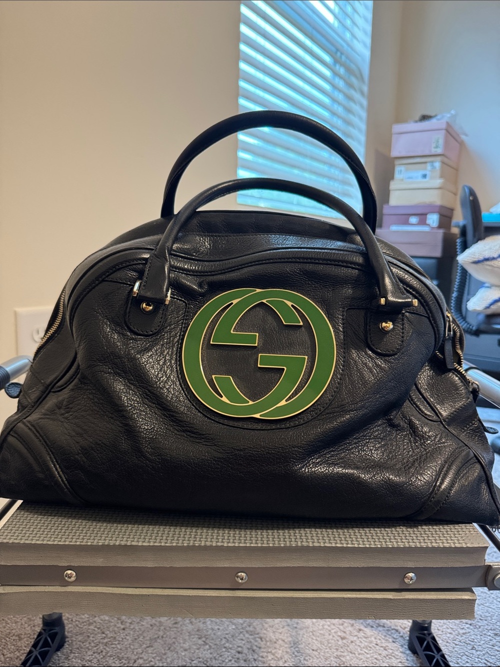 Vintage Gucci Black Leather Satchel with Green Logo Medallion